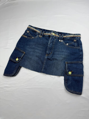 Navy blue denim low rise cargo mini skirt (S)
