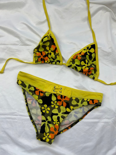Yellow low waist lace up bikini set (S)