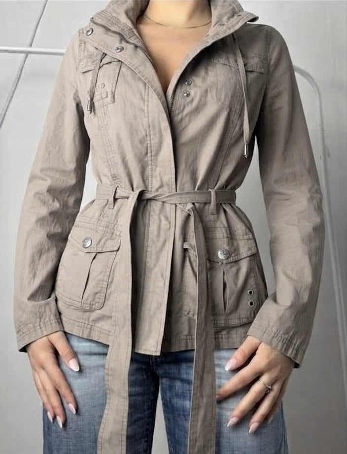 Brown cotton zip up trench jacket with belt (L)