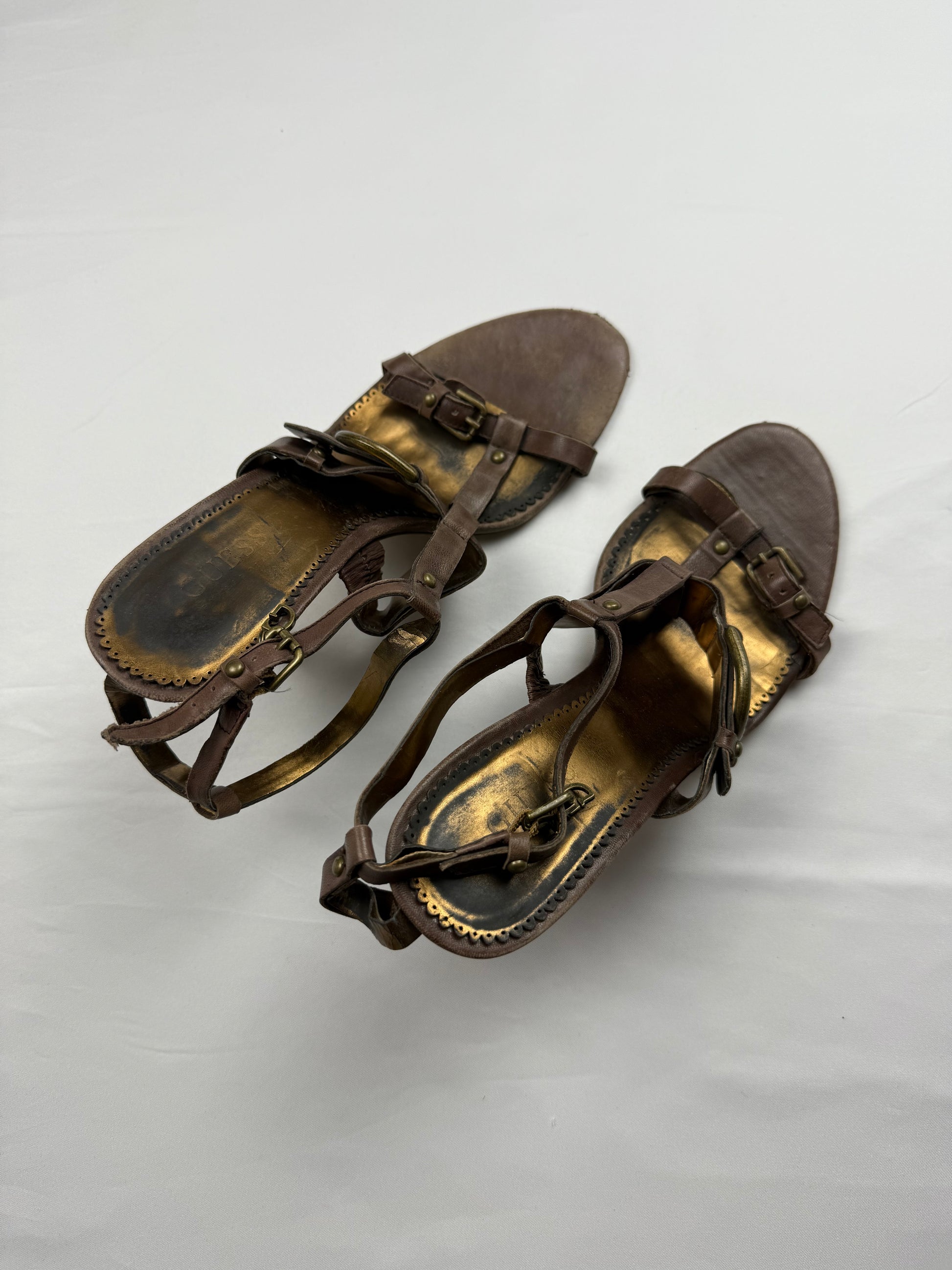 Brown & gold real leather kitten heels (38)