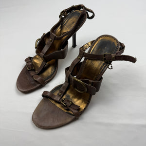 Brown & gold real leather kitten heels (38)