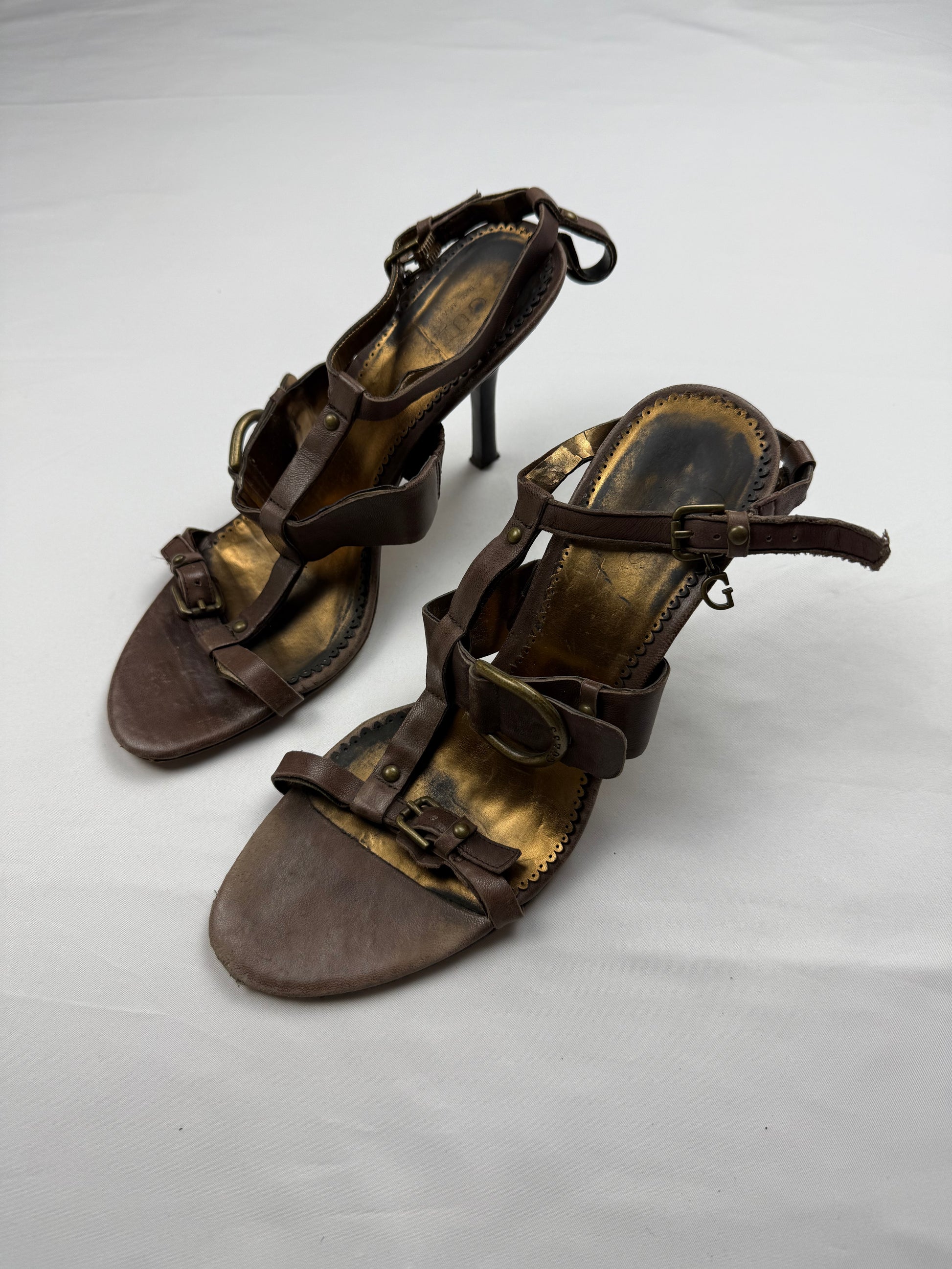 Brown & gold real leather kitten heels (38)