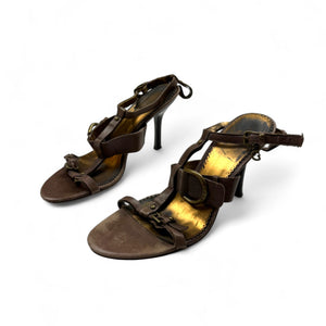 Brown & gold real leather kitten heels (38)