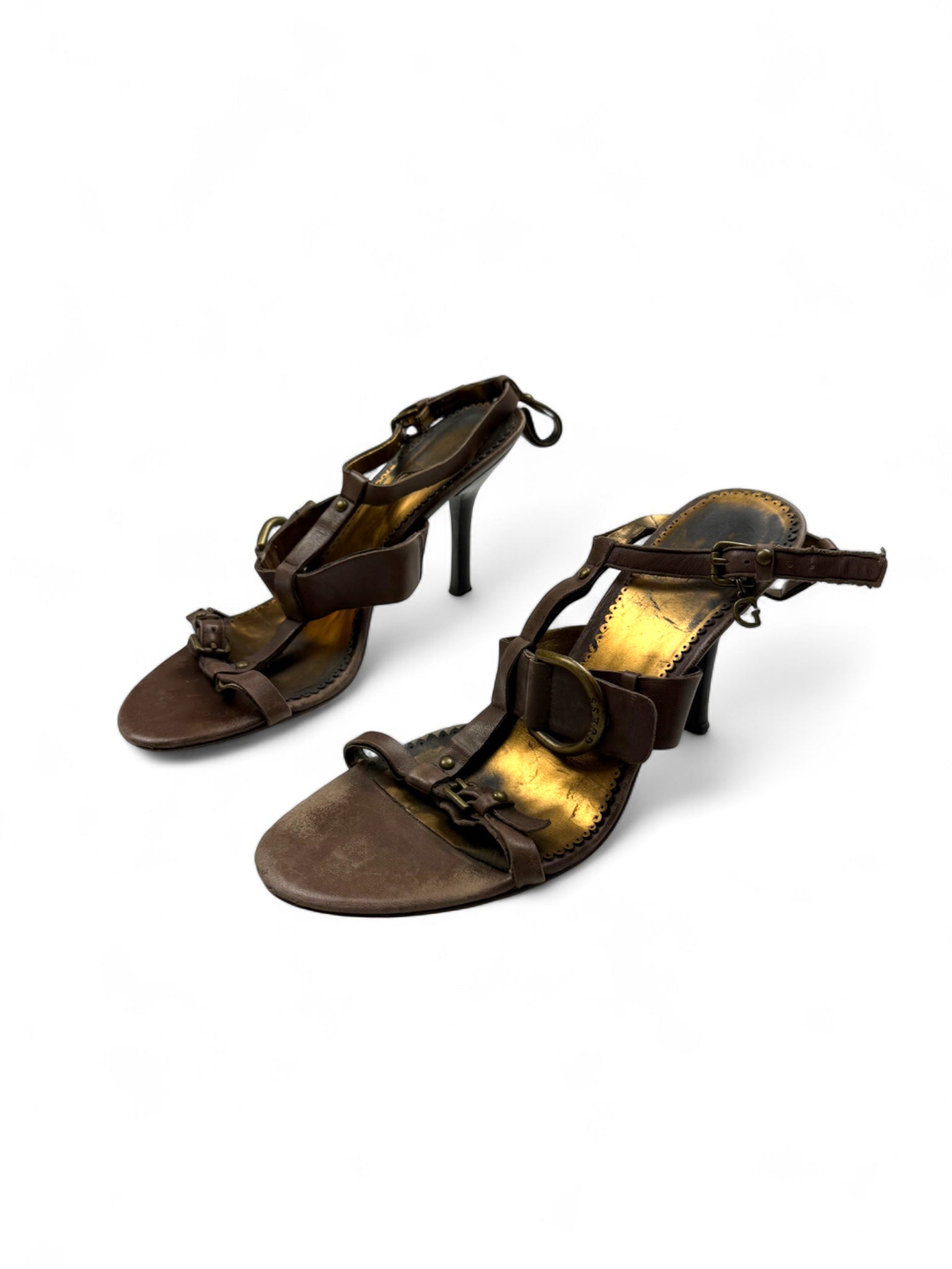 Brown & gold real leather kitten heels (38)