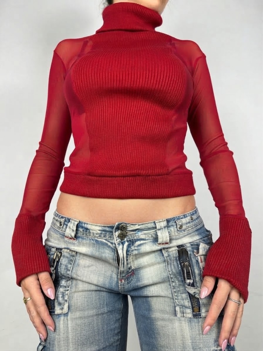 Pull à col roulé en maille filet rouge (S/M)