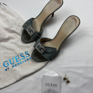 Blue denim rhinestones G buckle kitten heels mules (36)
