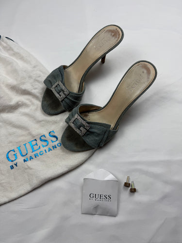 Blue denim rhinestones G buckle kitten heels mules (36)