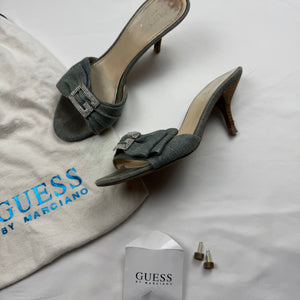 Blue denim rhinestones G buckle kitten heels mules (36)