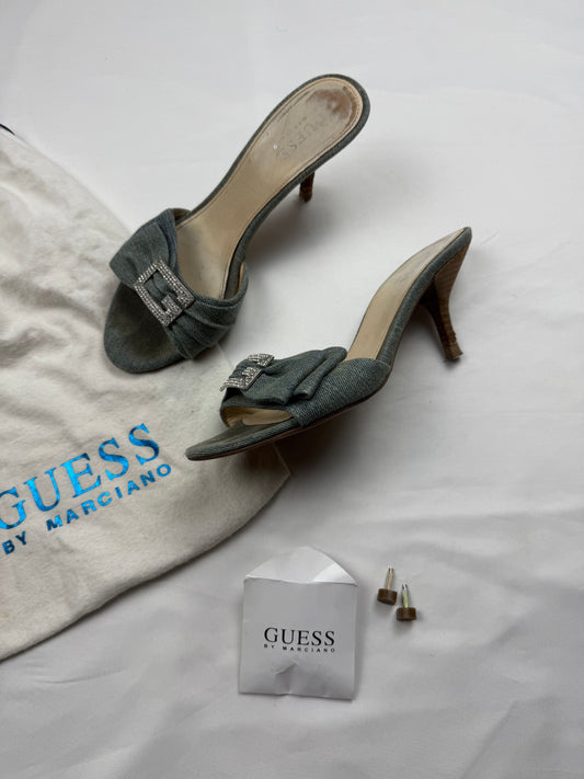 Blue denim rhinestones G buckle kitten heels mules (36)