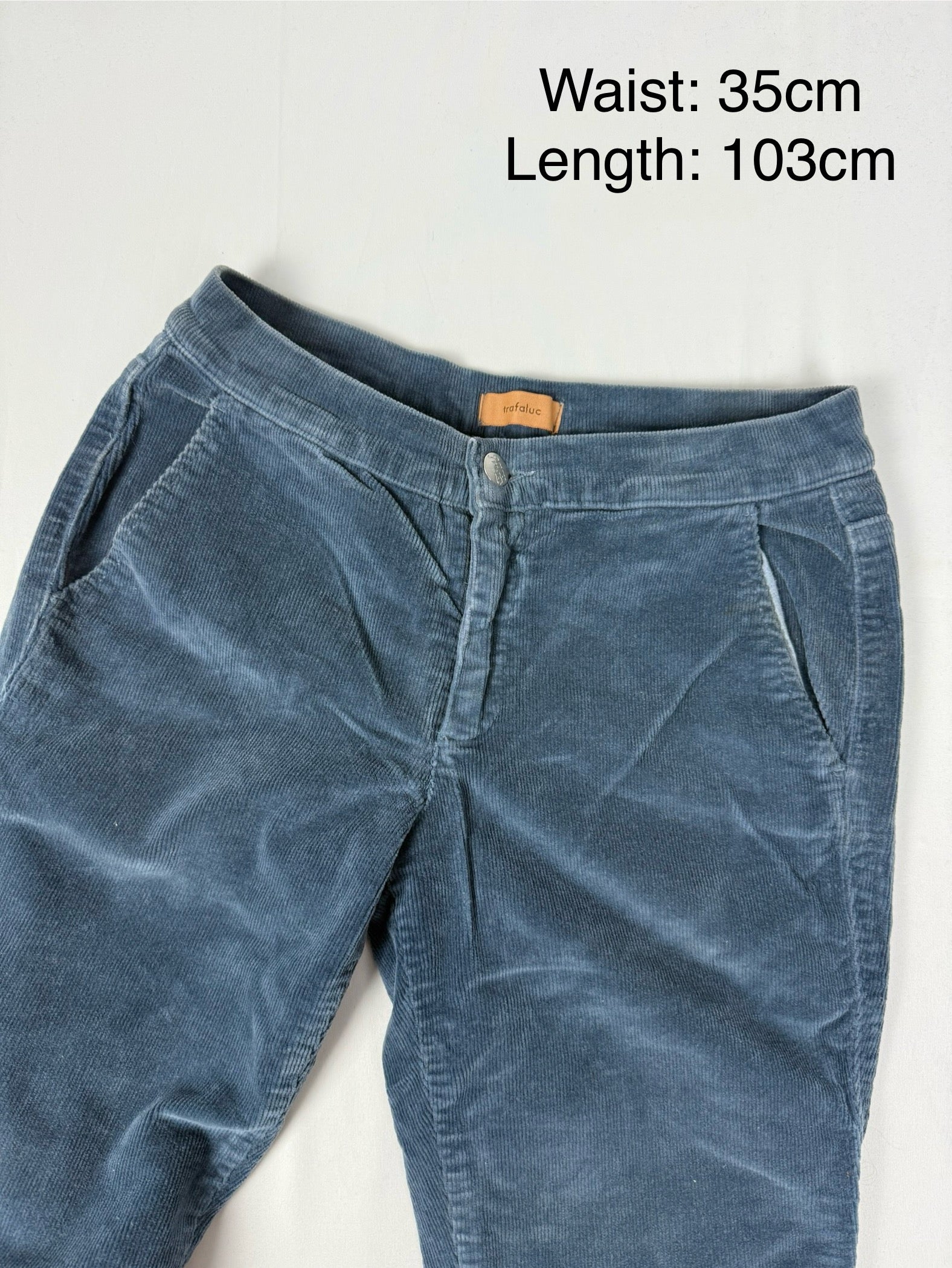 Blue velvet ribbed denim low rise flare pants (S)