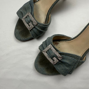 Blue denim rhinestones G buckle kitten heels mules (36)