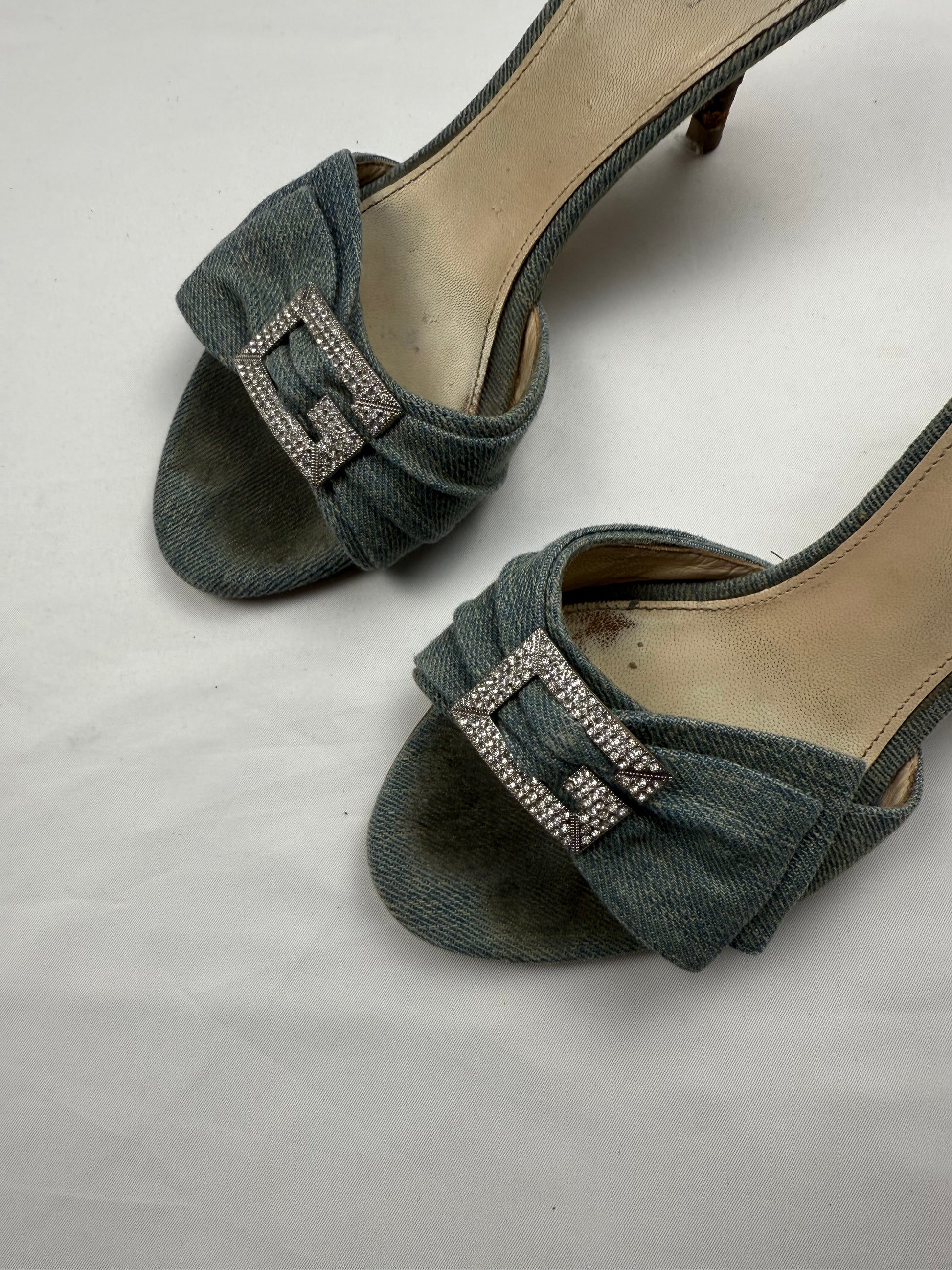 Blue denim rhinestones G buckle kitten heels mules (36)