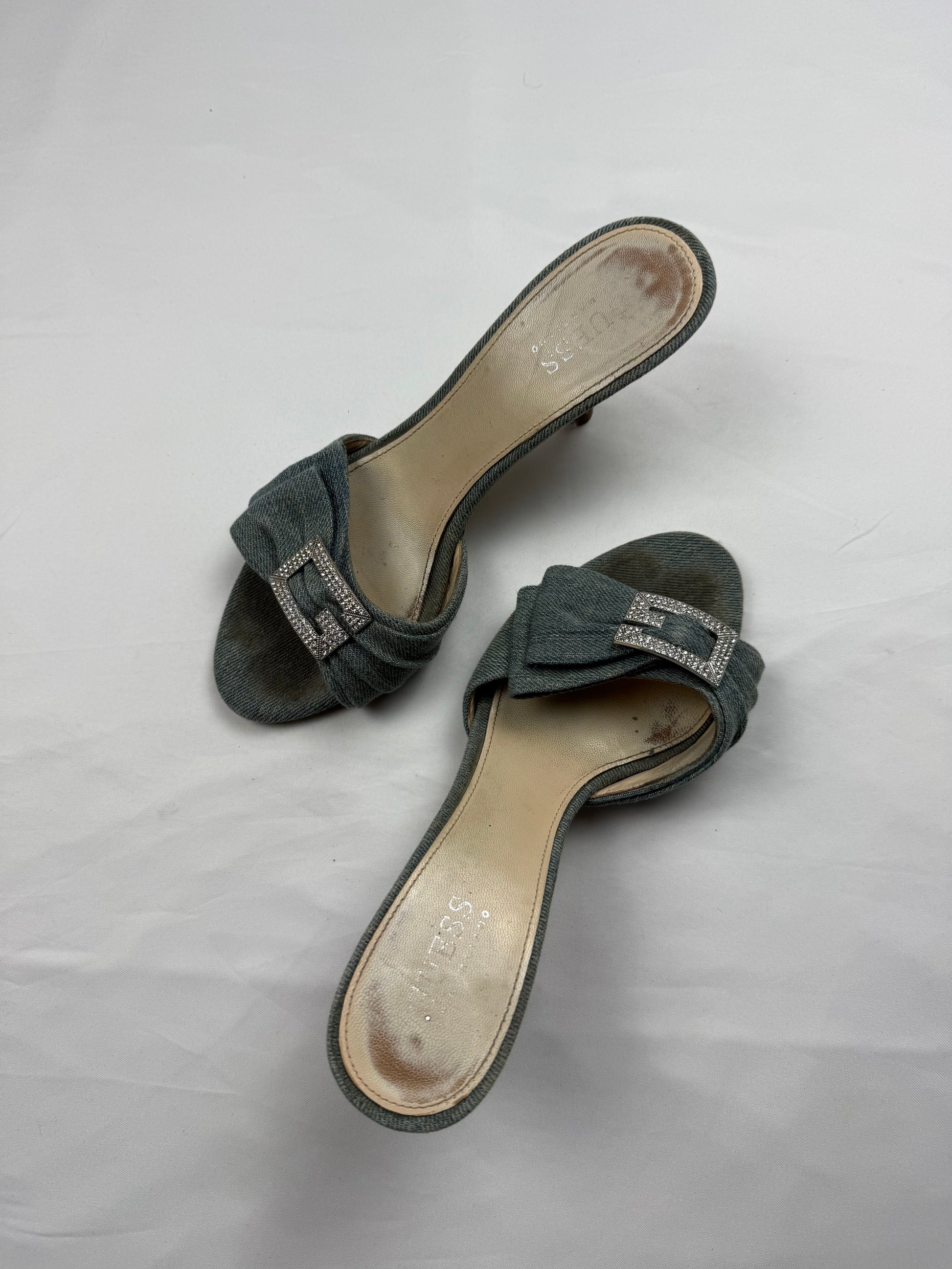 Blue denim rhinestones G buckle kitten heels mules (36)
