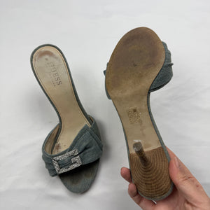 Blue denim rhinestones G buckle kitten heels mules (36)