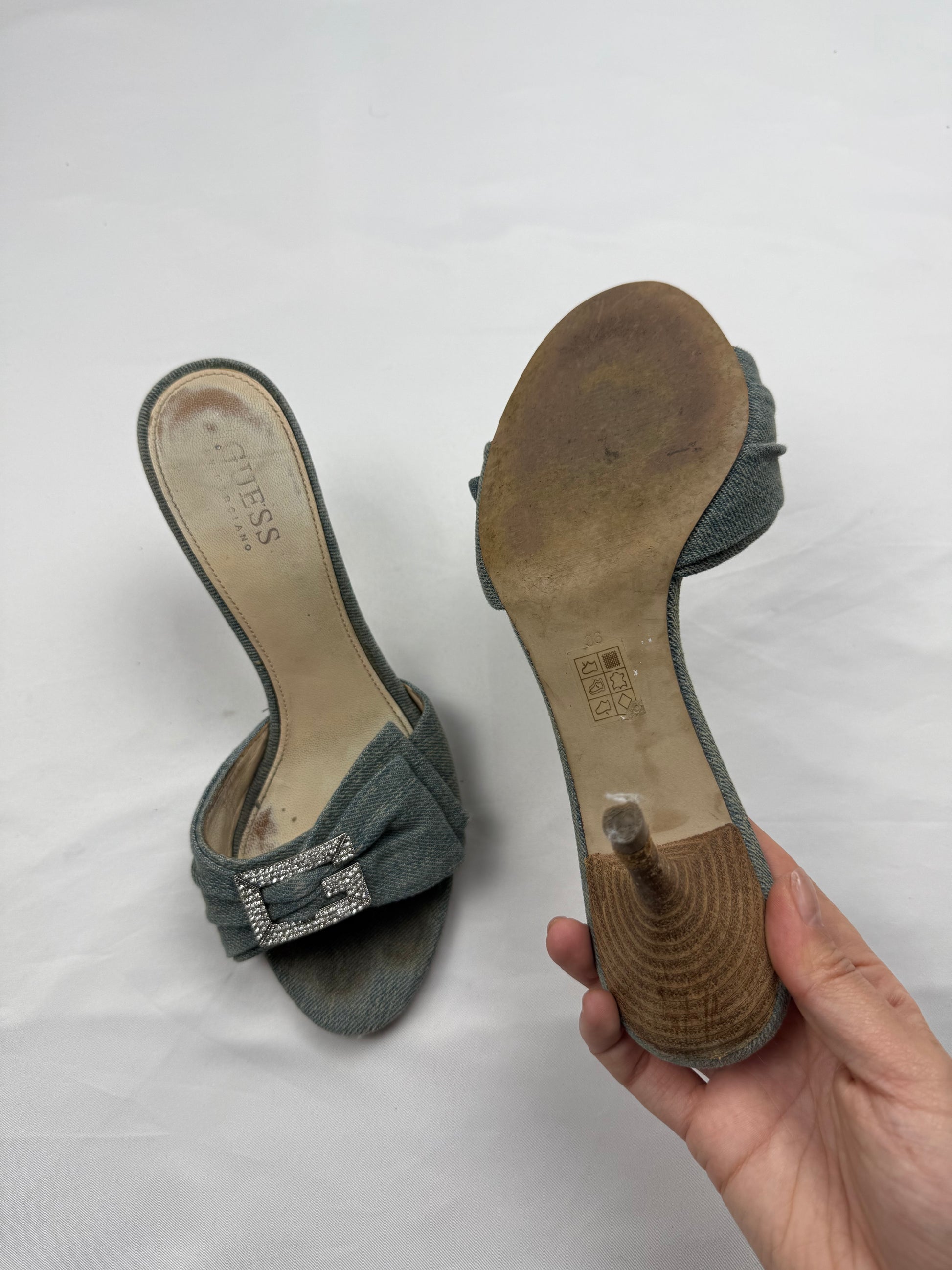 Blue denim rhinestones G buckle kitten heels mules (36)