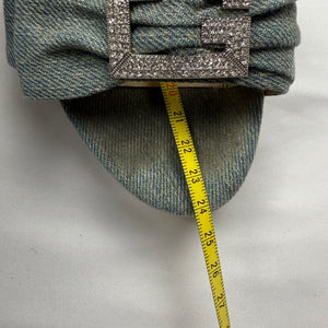 Blue denim rhinestones G buckle kitten heels mules (36)