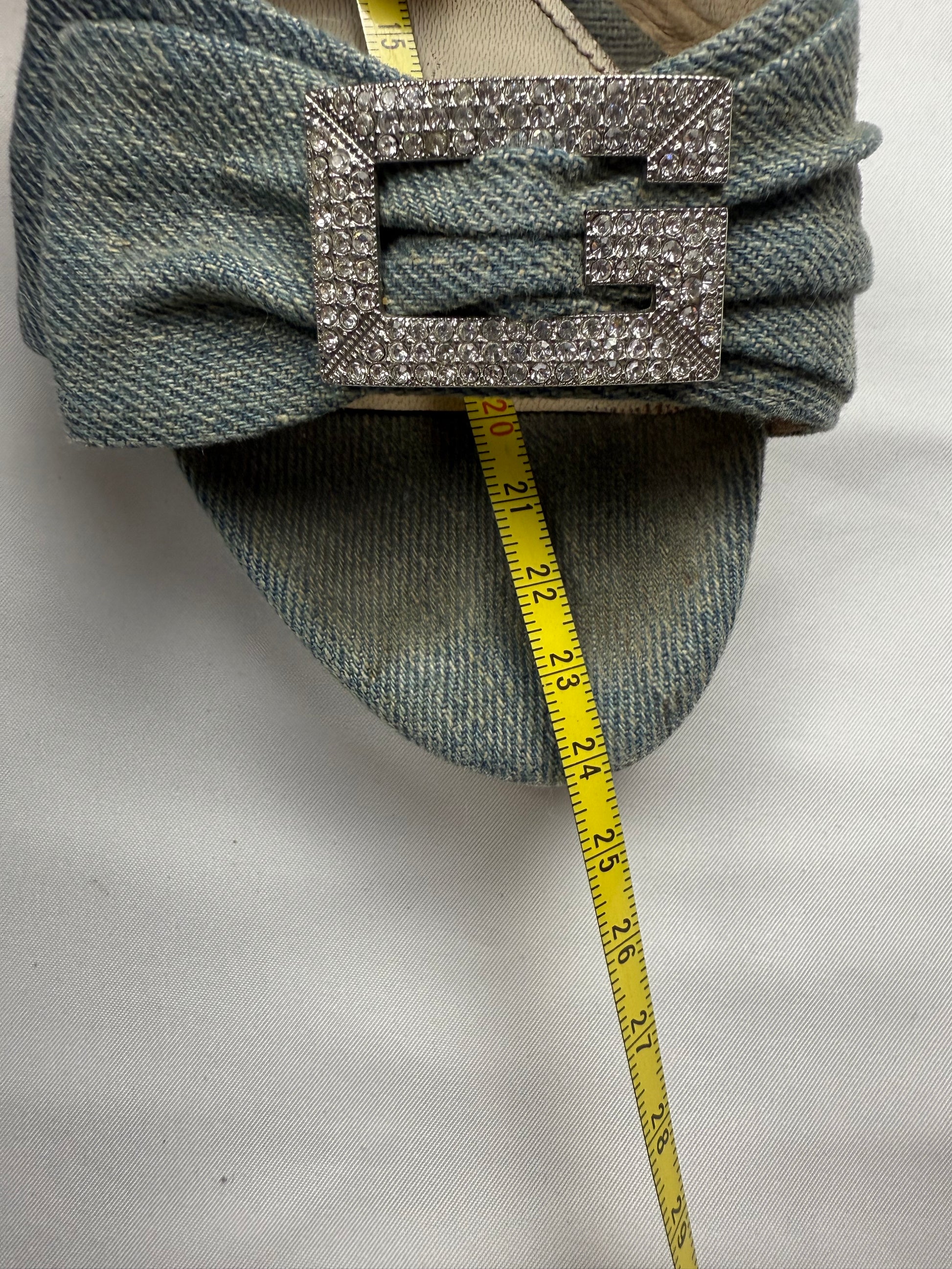 Blue denim rhinestones G buckle kitten heels mules (36)