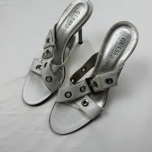 White buckle belt real leather heels mules (40)