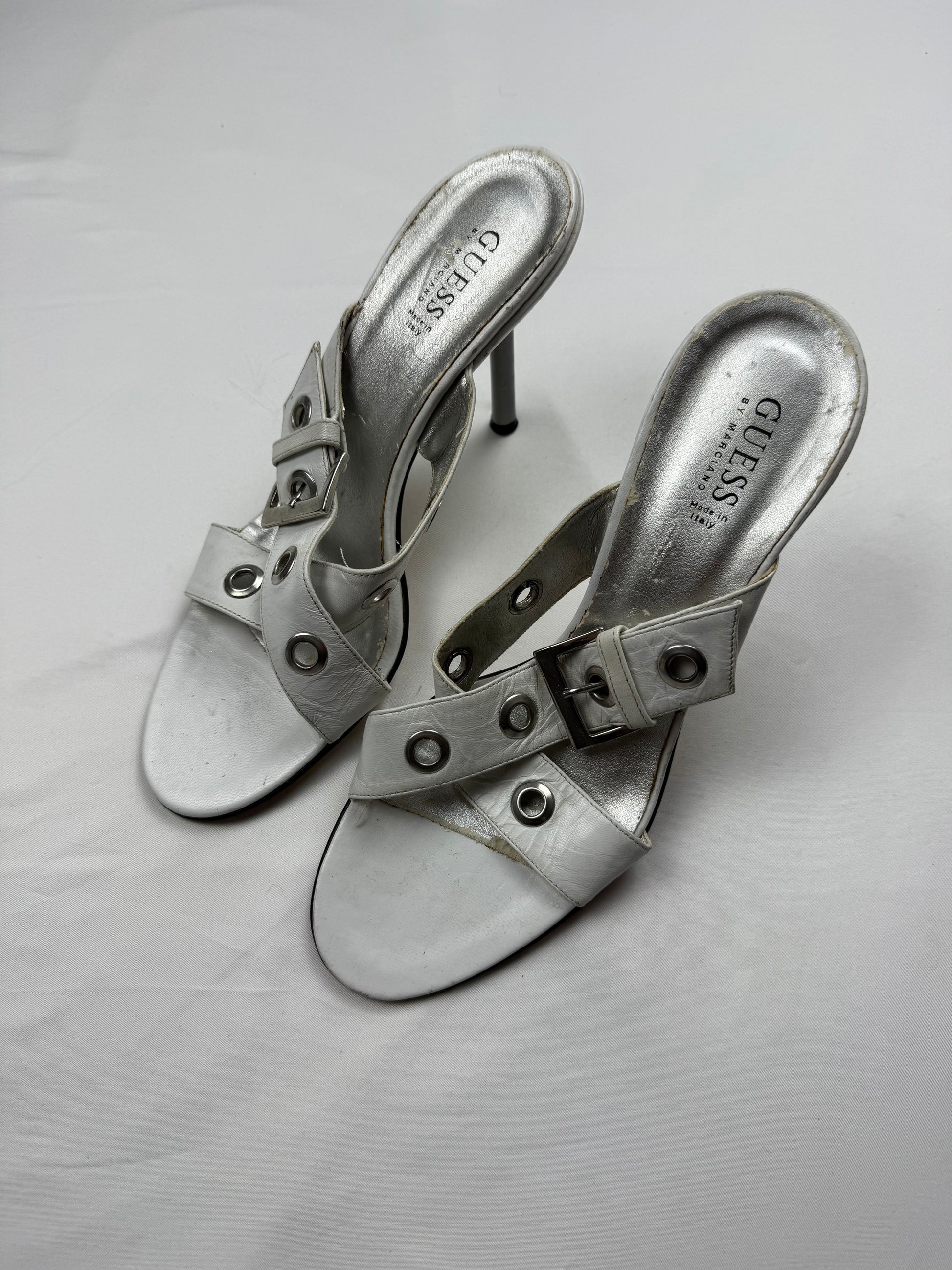White buckle belt real leather heels mules (40)