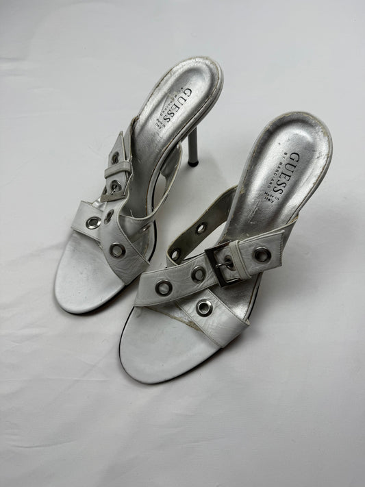 White buckle belt real leather heels mules (40)