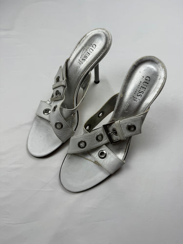 White buckle belt real leather heels mules (40)