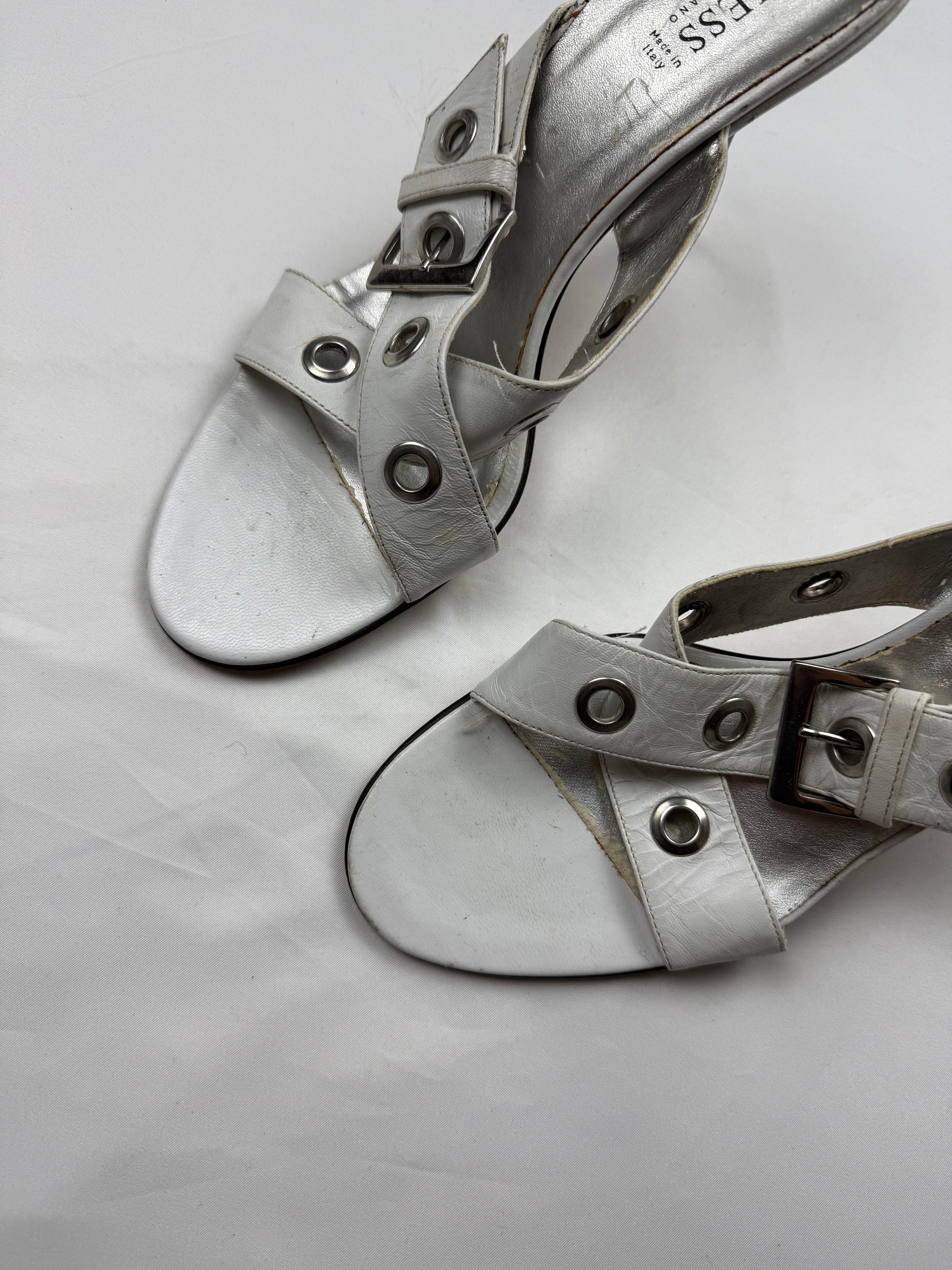 White buckle belt real leather heels mules (40)