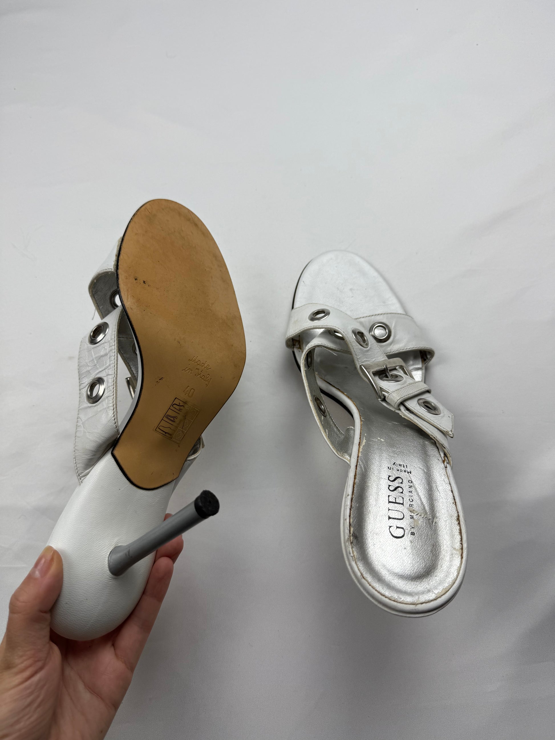 White buckle belt real leather heels mules (40)