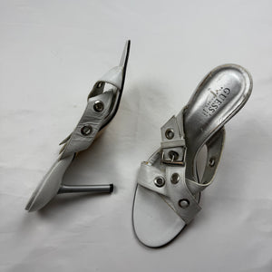 White buckle belt real leather heels mules (40)