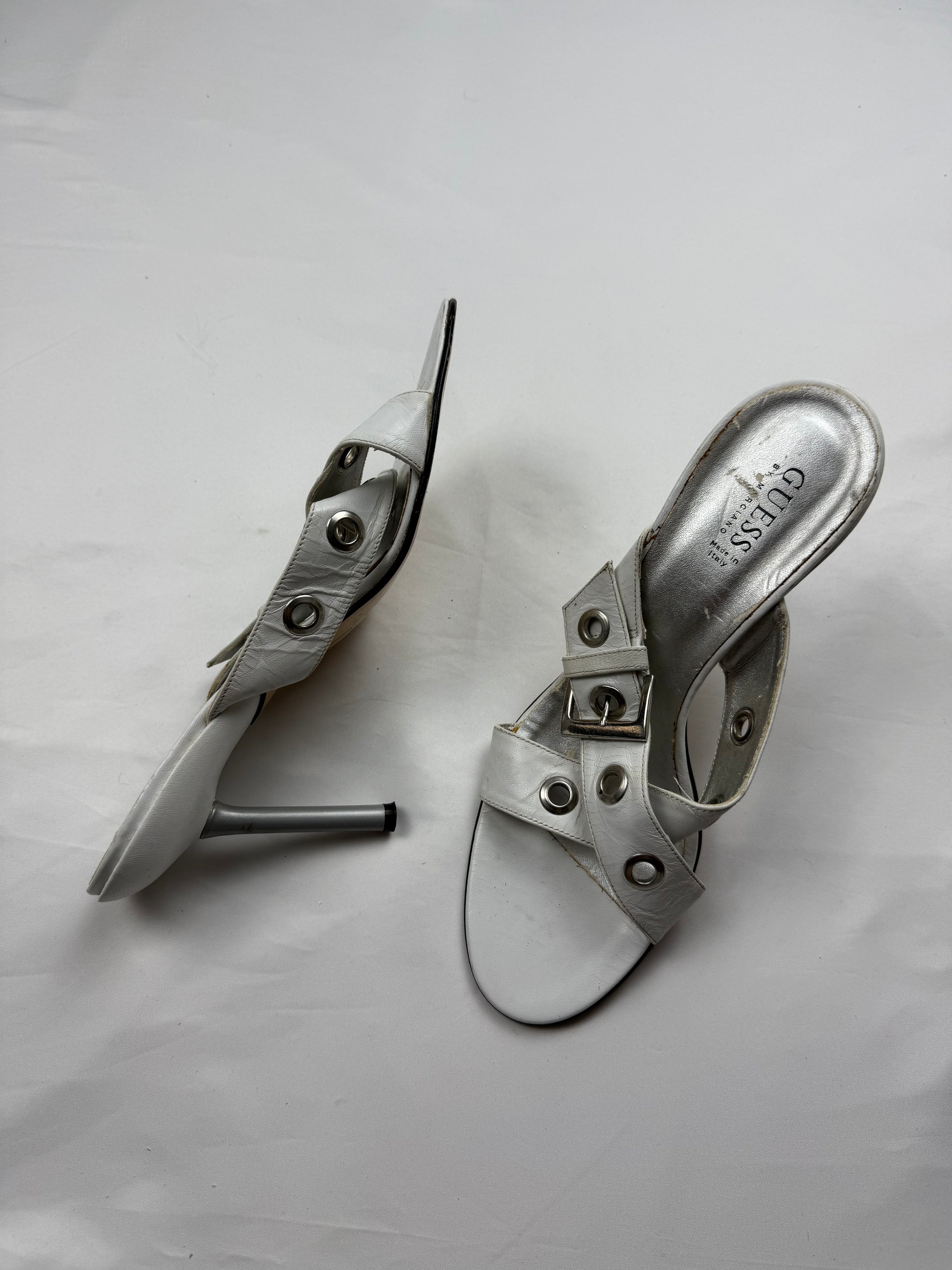 White buckle belt real leather heels mules (40)