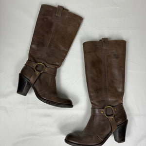 Brown buckle belt real leather knee high boots (36)