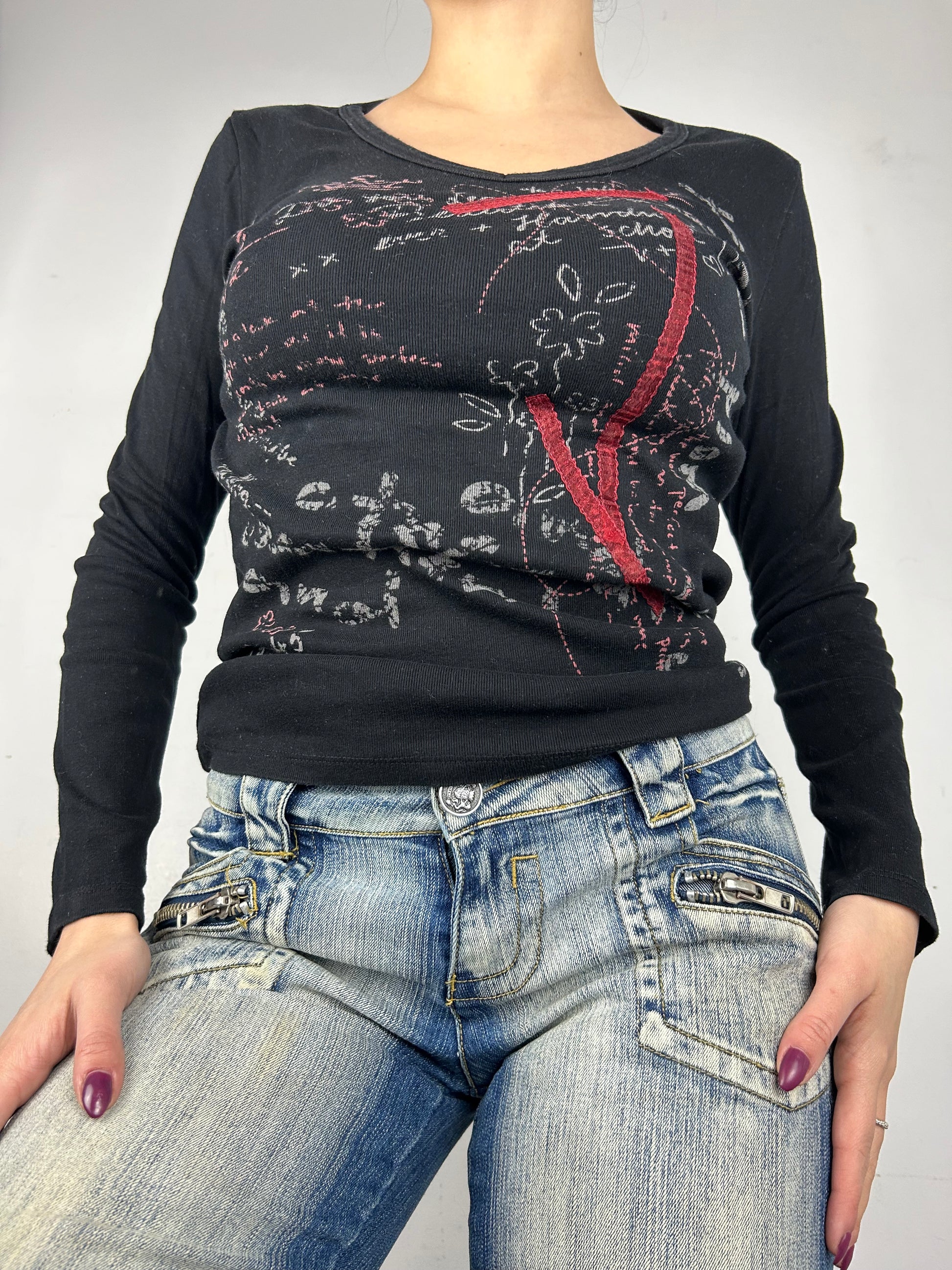Black graphic print cotton long sleeves top (S/M)