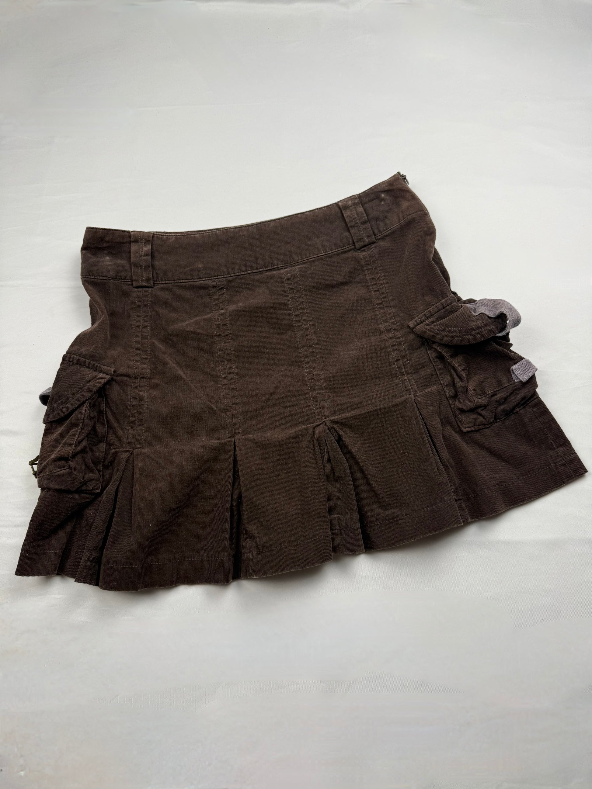 Brown cargo ribbed denim mini skirt (S)