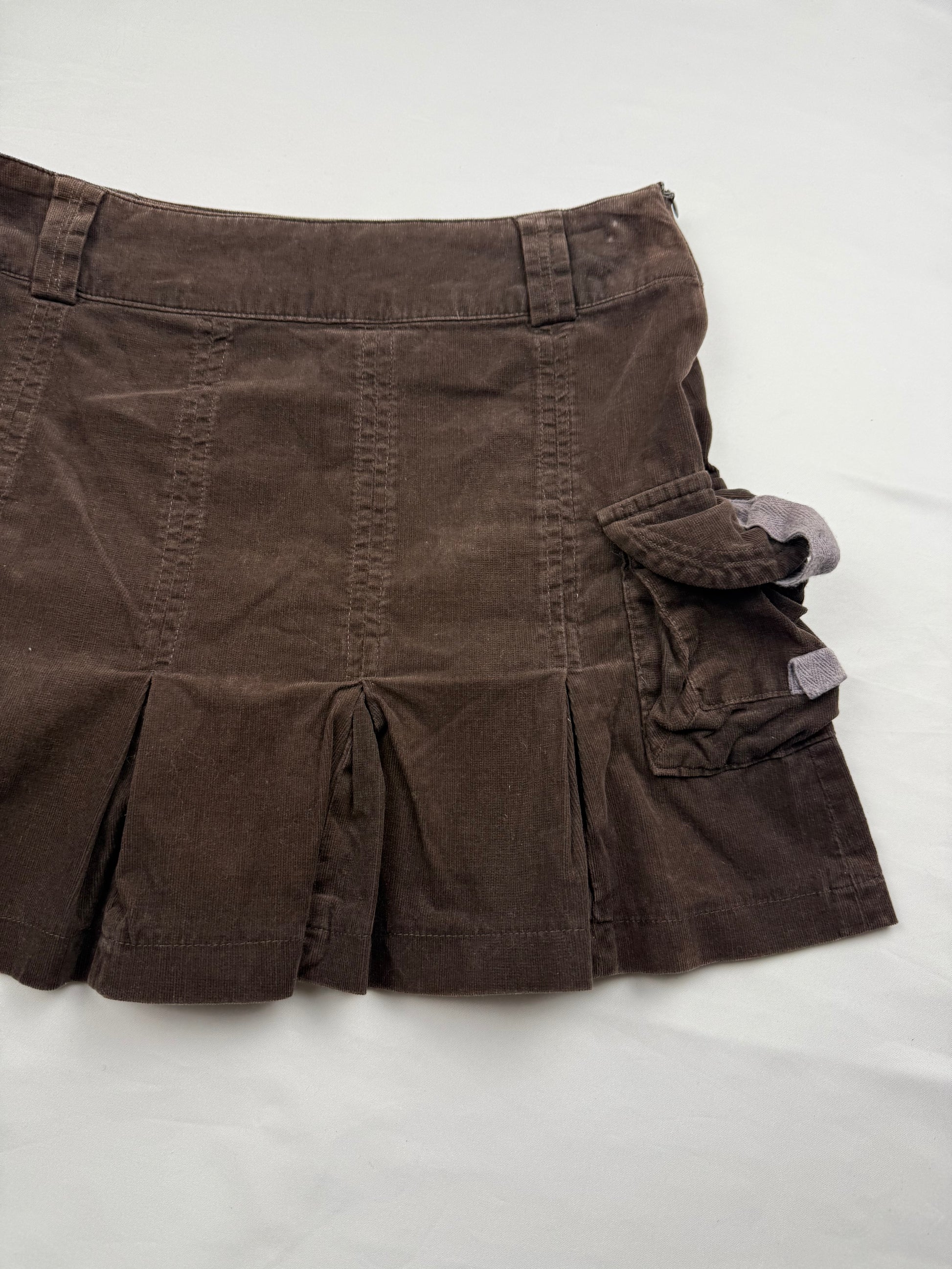 Brown cargo ribbed denim mini skirt (S)