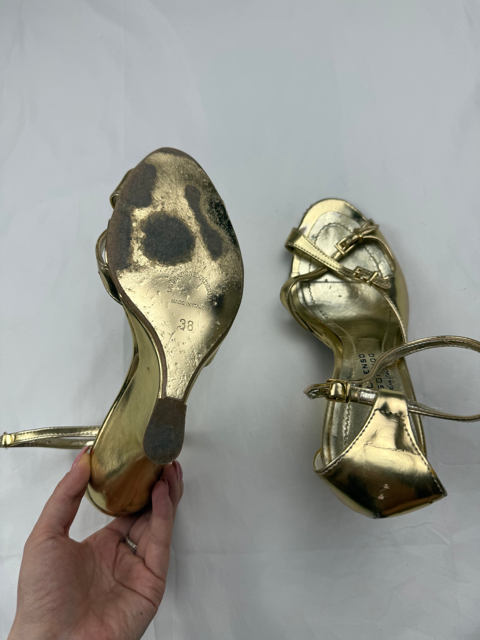 Gold real leather wedge heels sandals (38)