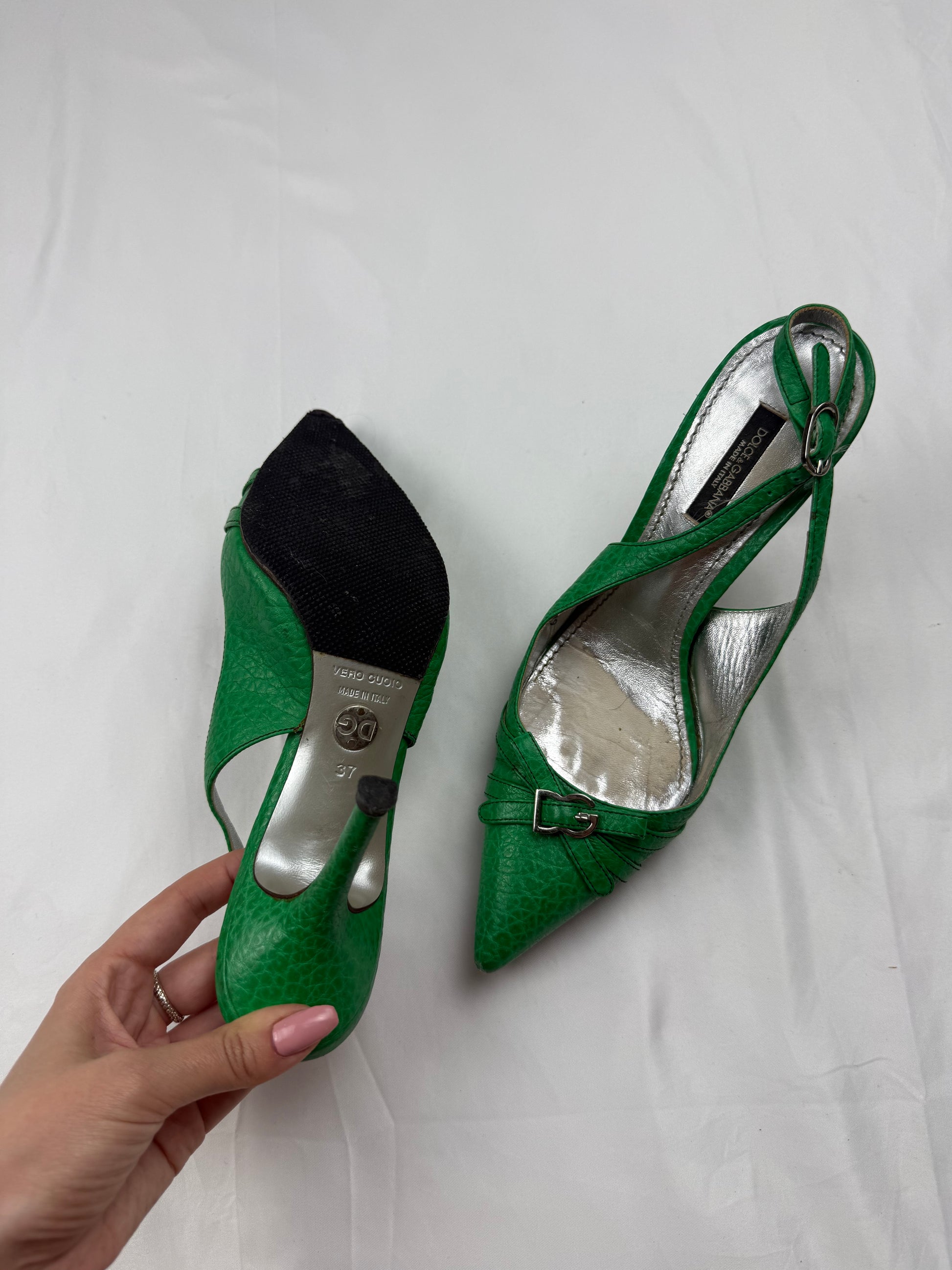 Green real leather pointed toes heels (37)