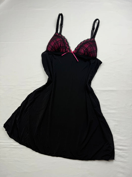 Black & pink check print babydoll mini dress (S)