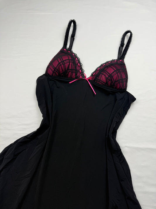 Black & pink check print babydoll mini dress (S)