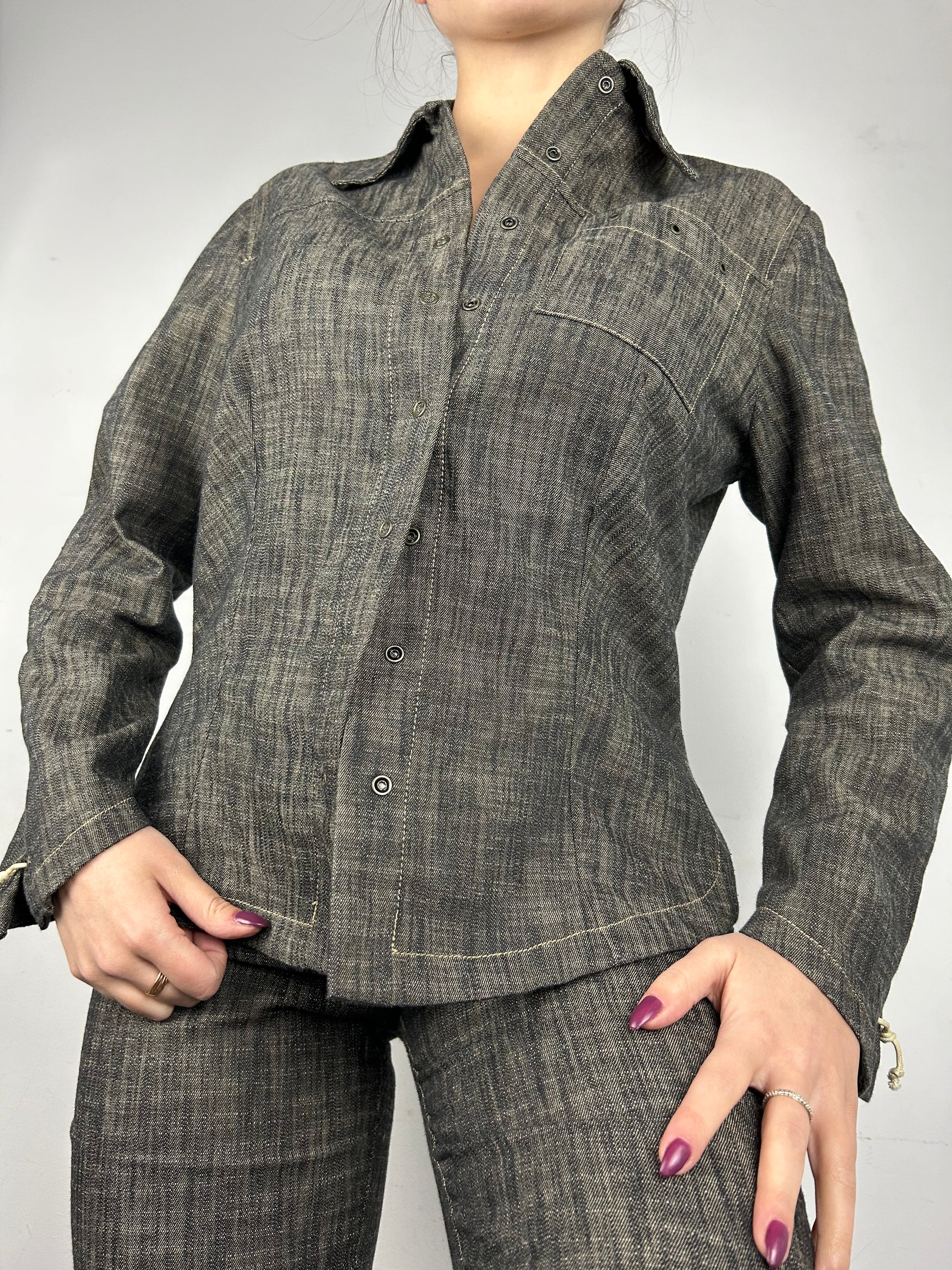Brown denim blazer office siren jacket + pants set (S/M)