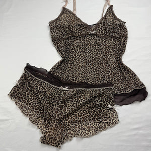 Beige panther print mesh cami top + shorty set (S/M)
