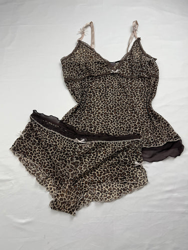 Beige panther print mesh cami top + shorty set (S/M)