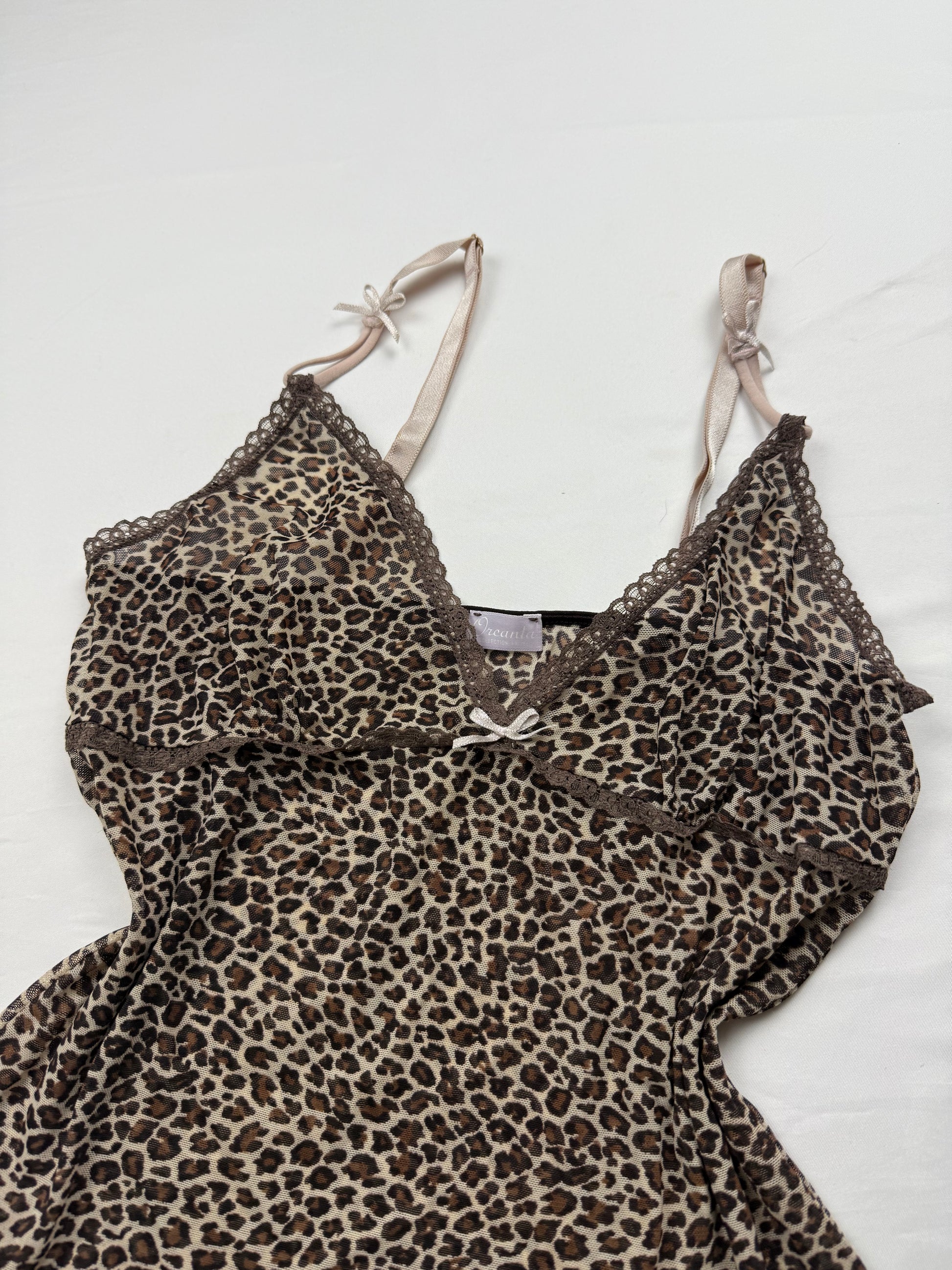 Beige panther print mesh cami top + shorty set (S/M)