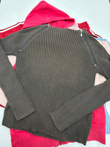 Khaki zip ribbed  jumper y2k 90s vintage (S/M)