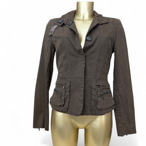 Khaki zip up tight fit biker jacket (S/M)
