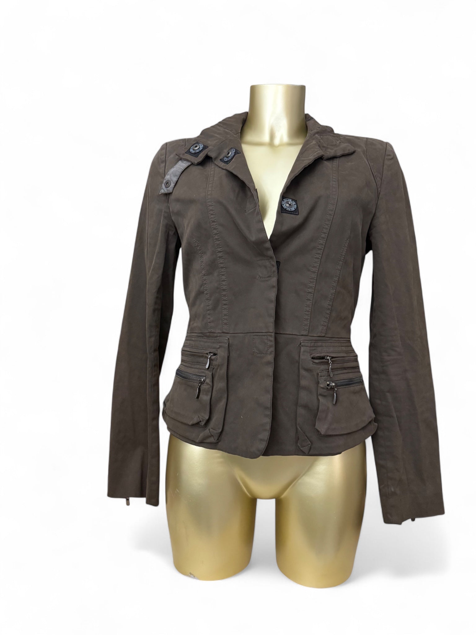 Khaki zip up tight fit biker jacket (S/M)