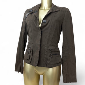 Khaki zip up tight fit biker jacket (S/M)