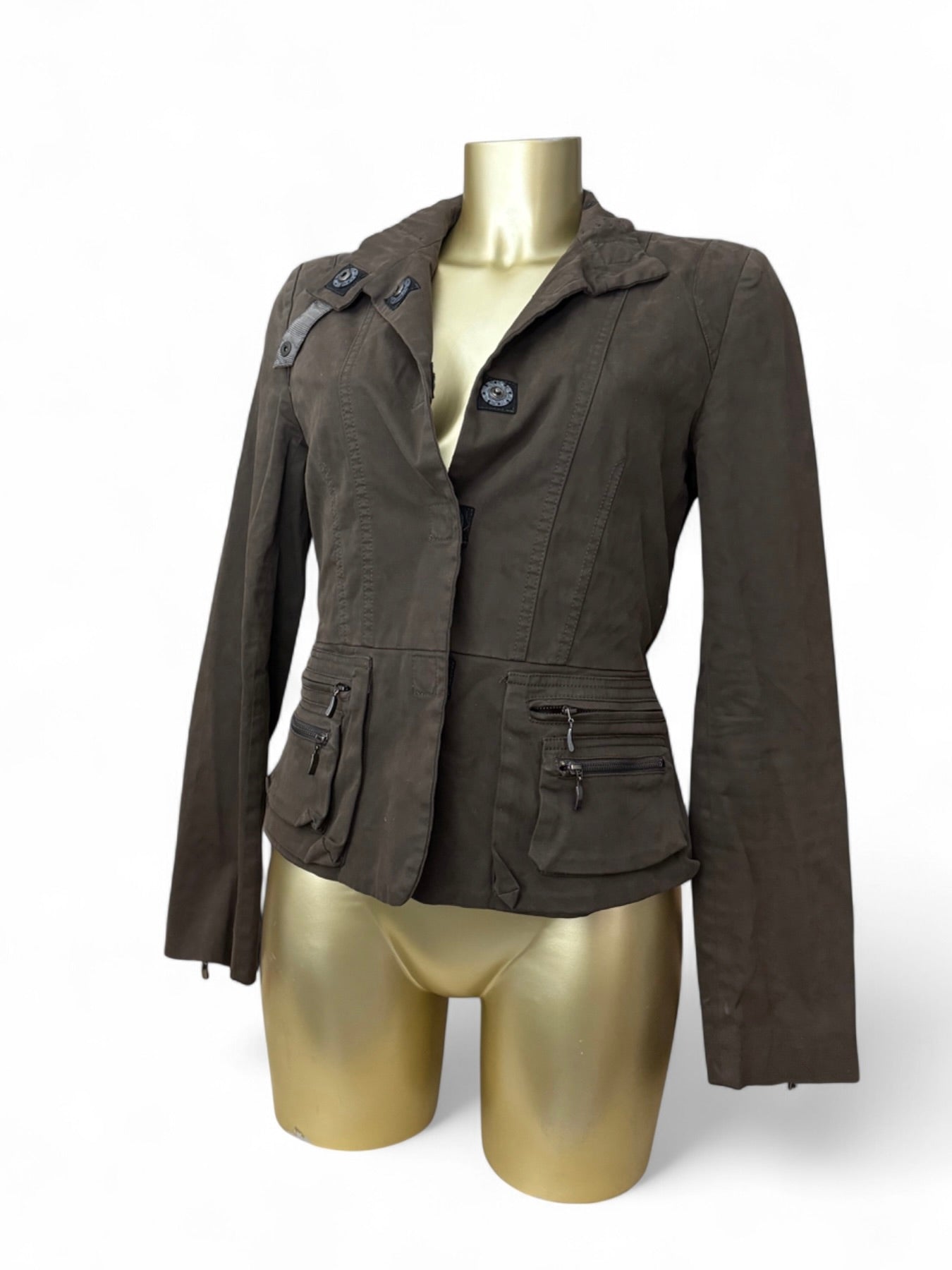 Khaki zip up tight fit biker jacket (S/M)