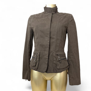 Khaki zip up tight fit biker jacket (S/M)