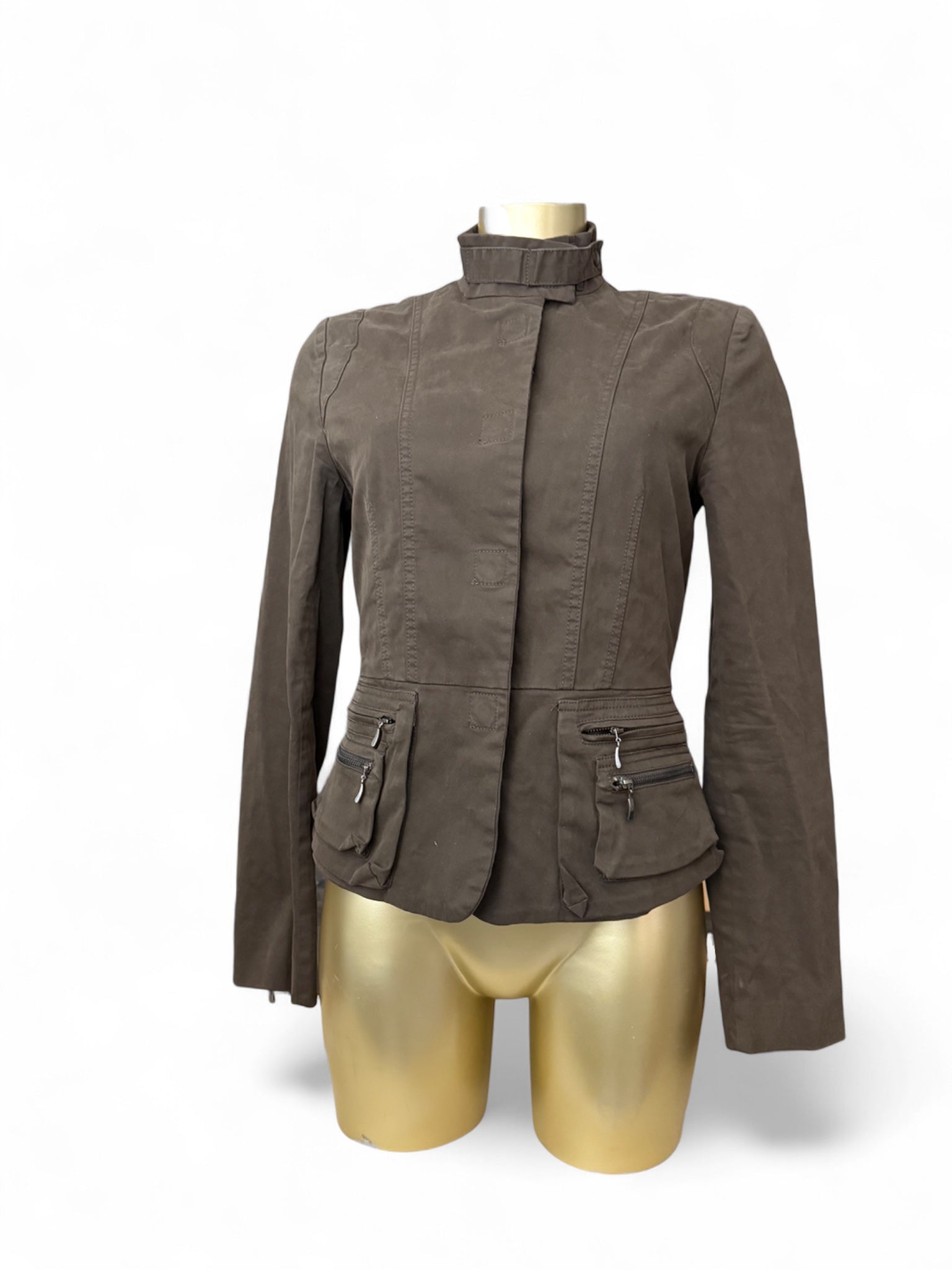 Khaki zip up tight fit biker jacket (S/M)