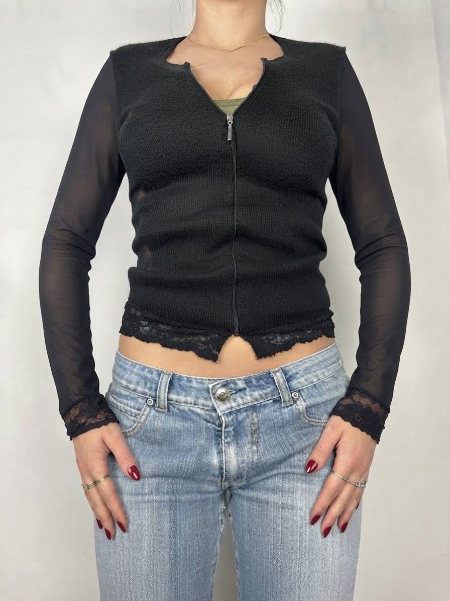 Pull zippé en maille filet bicolore noir (S/M)