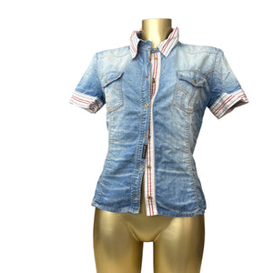 Denim blue tight fit cotton office shirt (S)